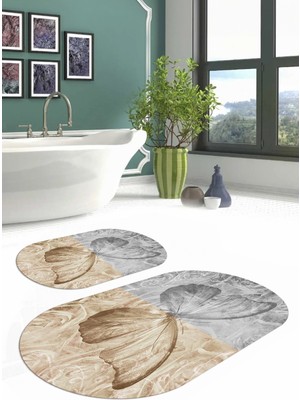 PremiumPort Renkli Kelebek Model Dijital Yıkanabilir Oval Banyo Paspası ve Klozet Takımı