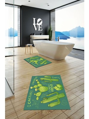 PremiumPort Yıkanabilir, Kaymaz, Kaktüs Desenli, Ikili Banyo Halısı ve Klozet Takımı