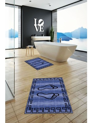 PremiumPort Yıkanabilir, Kaymaz, Çerçeveli, Ayak Izi Desenli, Ikili Banyo Halısı Seti