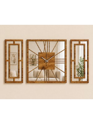 Ergeç Tasarım Aynalı 3’lü Dekoratif Duvar Saati 40X40 Saat + 40X20 cm Paneller Atlantik Çam Pleksi Mdf