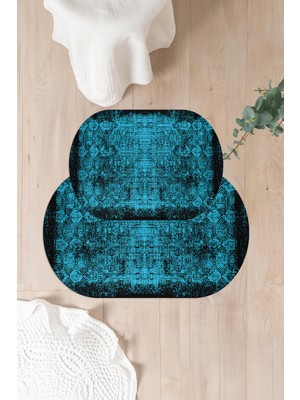 PremiumPort Dijital Yıkanabilir Kaymaz Taban Oval Banyo Paspası Klozet Takımı