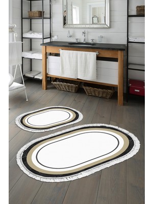 PremiumPort Yıkanabilir Oval Banyo Paspası, Bordürlü, Krem, 2'li Set, 50X80 ve 40X50