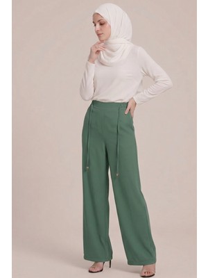 Norshen Haki Kadın Belden Lastikli & Bağcıklı - Bol Paça Pantolon