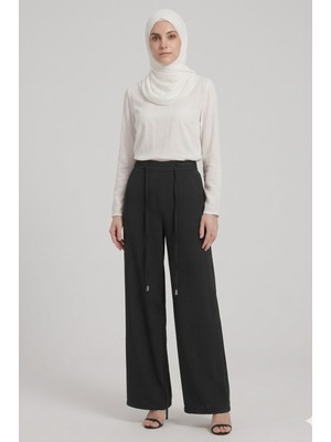Norshen Siyah Kadın Belden Lastikli & Bağcıklı - Bol Paça Pantolon