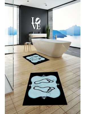 PremiumPort Yıkanabilir, Kaymaz, Modern Ayak Izi Desenli Ikili Banyo Halısı Seti