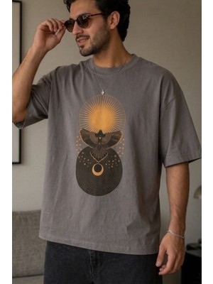 Zueofficial Erkek Oversize Gri Bisiklet Yaka Baskılı %100 Pamuk Rahat Kesim Streetwear Günlük T-Shirt