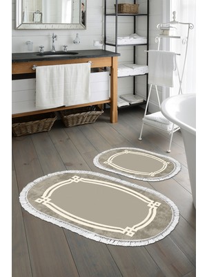 PremiumPort Yıkanabilir Oval Banyo Paspası, Modern Camel, 2'li, 60X100 ve 50X60 cm