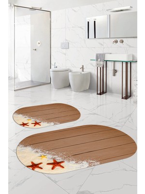 PremiumPort Dijital Yıkanabilir Modern Deniz Yıldızı Oval Banyo Paspası Klozet Takımı