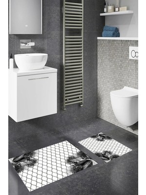 PremiumPort Yıkanabilir Çiçek Desenli Dijital Kaymaz Banyo Paspası 2’li Takım