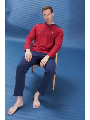 Remsa Erkek Penye Yarım Düğme Detay Uzun Kol Pijama Takımı 2134 BORDO05