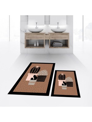 PremiumPort Yıkanabilir Dijital Baskılı Kaymaz Taban Ikili Banyo Paspas Takımı