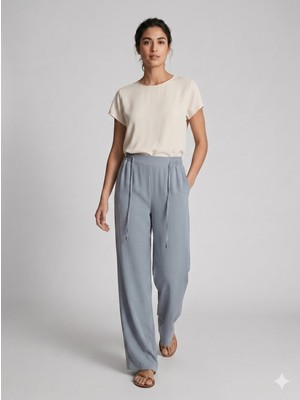 Norshen Gri Kadın Belden Lastikli & Bağcıklı - Bol Paça Pantolon