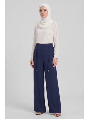 Norshen Lacivert Kadın Belden Lastikli & Bağcıklı - Bol Paça Pantolon