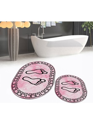 PremiumPort Yıkanabilir Oval Ikili Banyo Paspası Seti, Kaymaz Taban, Pembe