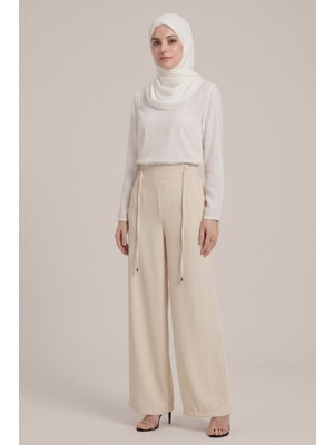 Norshen Krem Kadın Belden Lastikli & Bağcıklı - Bol Paça Pantolon