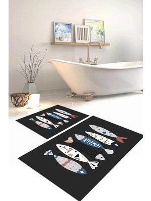 PremiumPort Renkli Balık Desenli Dijital Baskılı Yıkanabilir Banyo Paspası Klozet Takımı
