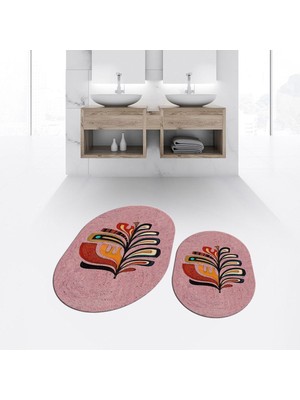 PremiumPort Yıkanabilir Oval Ikili Banyo Paspas Takımı, Kaymaz Taban, Pembe