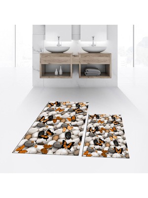 PremiumPort Yıkanabilir Dijital Baskılı Kaymaz Taban Ikili Banyo Paspas Takımı