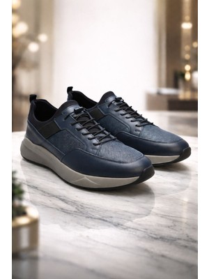 Zueofficial Erkek Hakiki Deri Lacivert Sneaker Ayakkabı