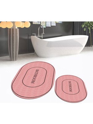 PremiumPort Renkli Dijital Baskılı Kaymaz Taban Yıkanabilir Oval Banyo Paspas Takımı