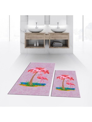 PremiumPort Yıkanabilir Dijital Baskılı Kaymaz Taban Ikili Banyo Paspası Seti