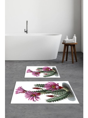 PremiumPort Kaktüs Desenli Yıkanabilir Kaymaz Banyo Paspası ve Klozet Takımı Seti