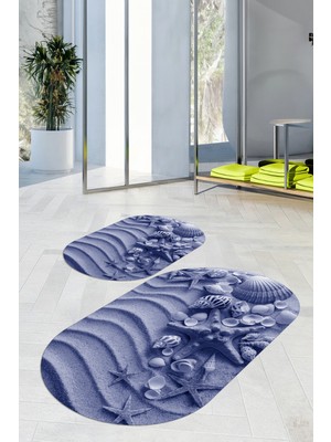 PremiumPort Dijital Baskılı 3D Kaymaz Taban Oval Banyo Paspası 2'li Set