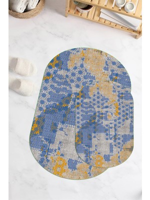 PremiumPort Yıkanabilir Dijital Baskılı Oval Banyo Paspası 2'li Takım