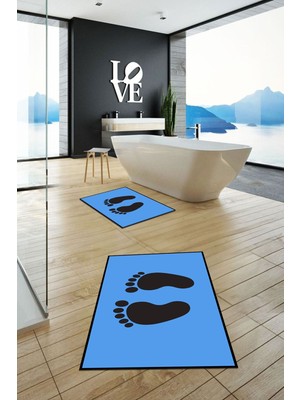PremiumPort Yıkanabilir Kaymaz Ayak Izi Desenli Ikili Banyo Halısı Klozet Takımı