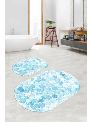 PremiumPort Dijital Baskılı 3D Kaymaz Taban Yıkanabilir Oval Banyo Paspası 2'li Set