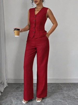 Veraura Lifestyle Kadın Askılı Önden Düğmeli Bluz ve Pantolon Keten Ikili Takım