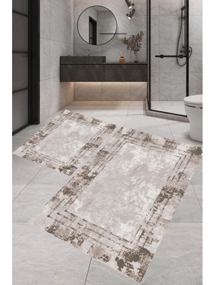 PremiumPort Modern Dijital Baskı Banyo Halısı Çiftli 100X60+60X50 cm