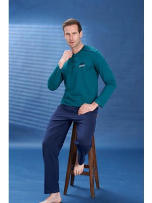 Remsa Erkek Penye Yarım Düğme Detay Uzun Kol Pijama Takımı 2102 YEŞIL04