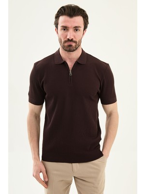 MCR Düz Slim Fit Polo Yaka Fermuarlı Erkek Triko T-Shirt