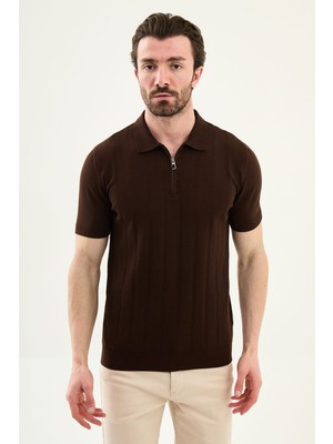 MCR Desenli Slim Fit Polo Yaka Fermuarlı Erkek Triko T-Shirt
