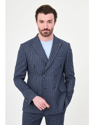 MCR Çizgili Slim Fit Geniş Yaka Kruvaze Erkek Takım Elbise