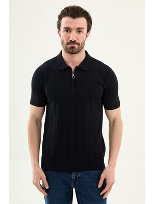 MCR Desenli Slim Fit Polo Yaka Fermuarlı Erkek Triko T-Shirt