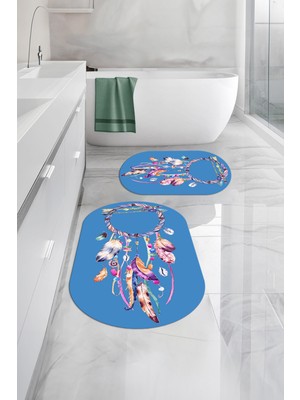 PremiumPort Dijital Yıkanabilir Kaymaz Taban Kuş Tüyü Desenli Oval Banyo Paspası Seti