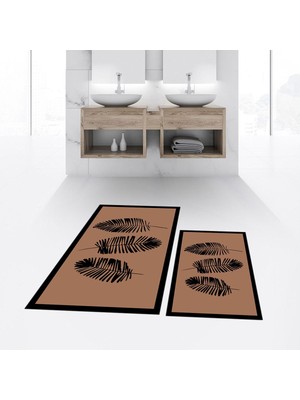 PremiumPort Yıkanabilir, Kaymaz Tabanlı Ikili Banyo Paspası, Kahve Renkli, Şık Tasarım