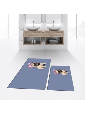 PremiumPort Yıkanabilir Dijital Baskılı Kaymaz Taban Ikili Banyo Paspas Takımı