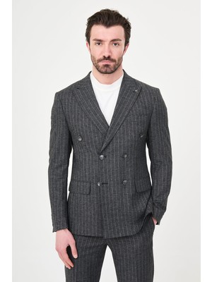 MCR Çizgili Slim Fit Geniş Yaka Kruvaze Erkek Takım Elbise