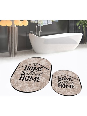 PremiumPort Yıkanabilir Oval Ikili Banyo Paspası, Kaymaz Taban, Kahve