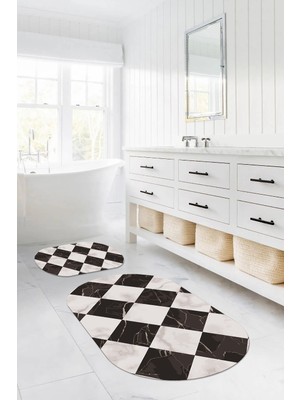PremiumPort Yıkanabilir Mermer Desenli Oval Banyo Paspası ve Klozet Takımı