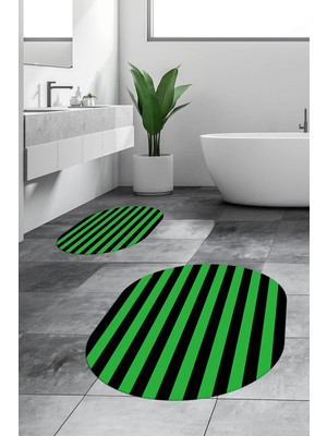PremiumPort Yıkanabilir Kaymaz Çizgili Modern Oval Banyo Halısı ve Klozet Takımı