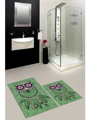 PremiumPort Yıkanabilir Kaymaz Baykuş Desenli Ikili Banyo Halısı ve Klozet Takımı