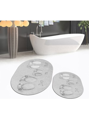 PremiumPort Dijital Baskılı Kaymaz Taban Yıkanabilir Oval Banyo Paspası ve Klozet Takımı
