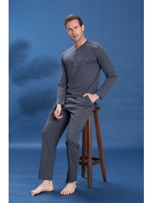 Remsa Erkek Penye Yarım Düğme Detay Uzun Kol Pijama Takımı 2123 Füme