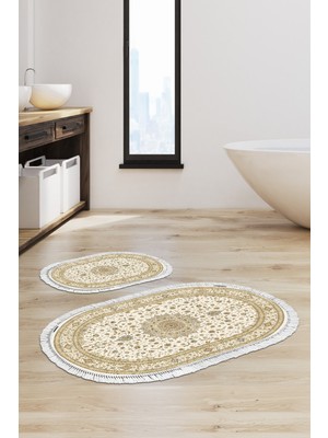 PremiumPort Yıkanabilir Oval Banyo Paspası, Krem, Çeşitli Ölçüler