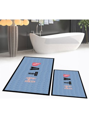 PremiumPort Yıkanabilir Dijital Baskılı Kaymaz Taban Ikili Banyo Paspas Takımı