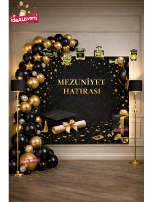 Bkmc Premium Mezuniyet Hatırası Siyah Gold Konsept Parti Arka Fon & Balon Seti Mezuniyet Tam Set